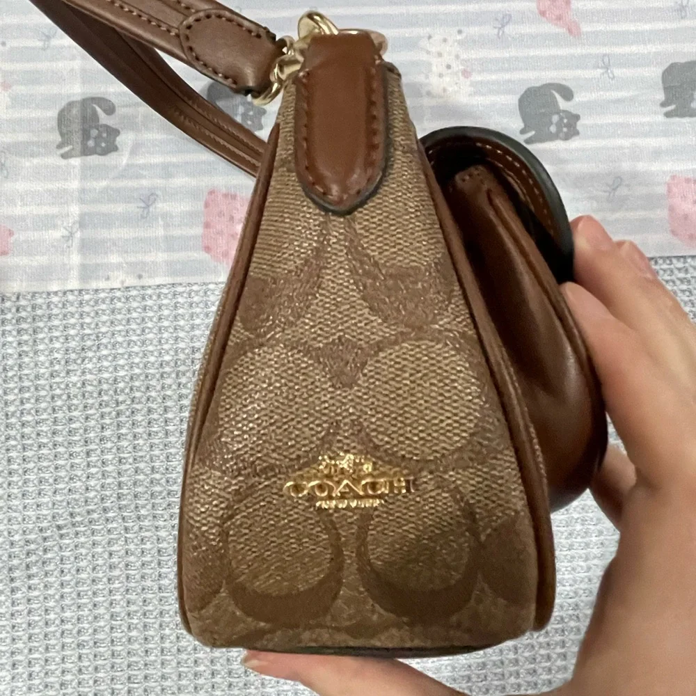 Coach Brown Signature Canvas Shoulder Bag with Double Buckle Pockets
